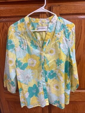 Alfred Dunner Yellow Teal and White Floral Cotton Blouse size 16